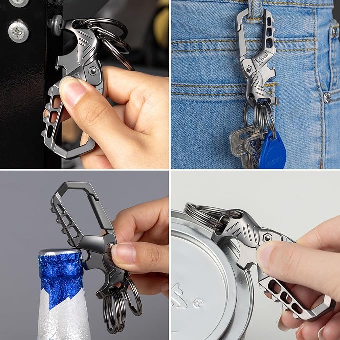 Kivssi Heavy duty metal keychains, Carabiner clip Car key chains,Fashion family keychain bottle opener and 3 Key Rings suitable for men and women.(Black-2pcs)