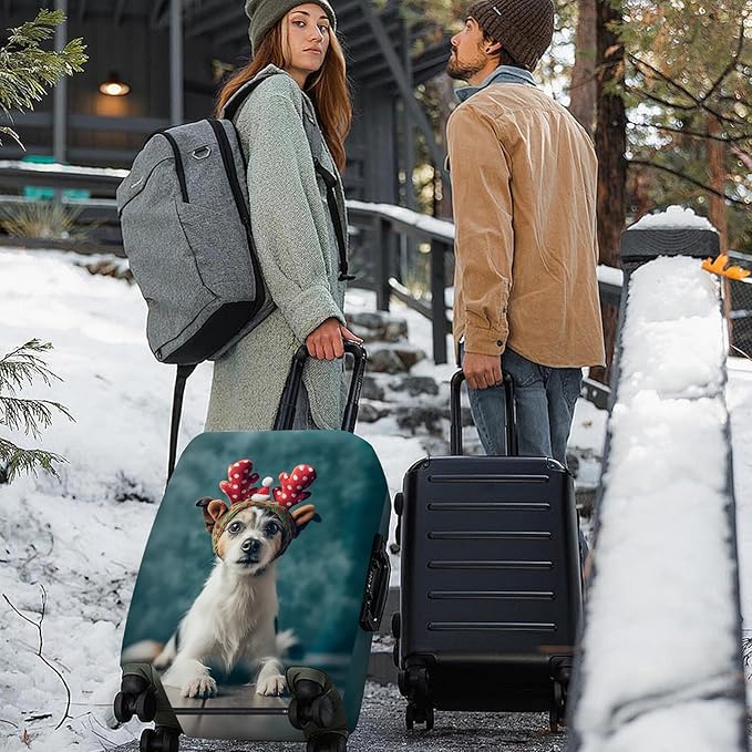 ANNA QUEEN Christmas Dog Luggage Cover, Cute Puppy with Reindeer Antlers Suitcase Protector, Washable Stretchable Travel Sleeve for 28-30 Inch Luggage