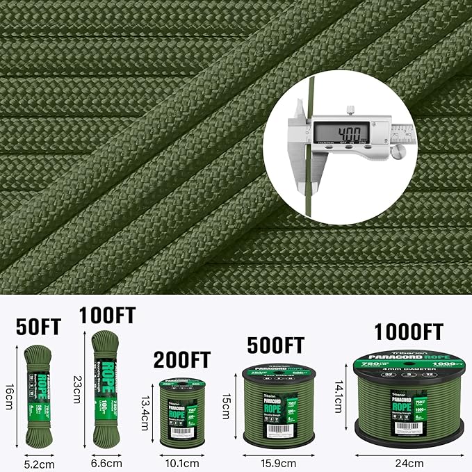 Paracord Rope 750 lb - 1000ft / 500ft / 200ft / 100ft 5/32" Parachute Cord 4MM 12-Strand para Cord - Heavy Duty Spool String for Survival,Camping Gear, Survival Bracelet, Clothesline