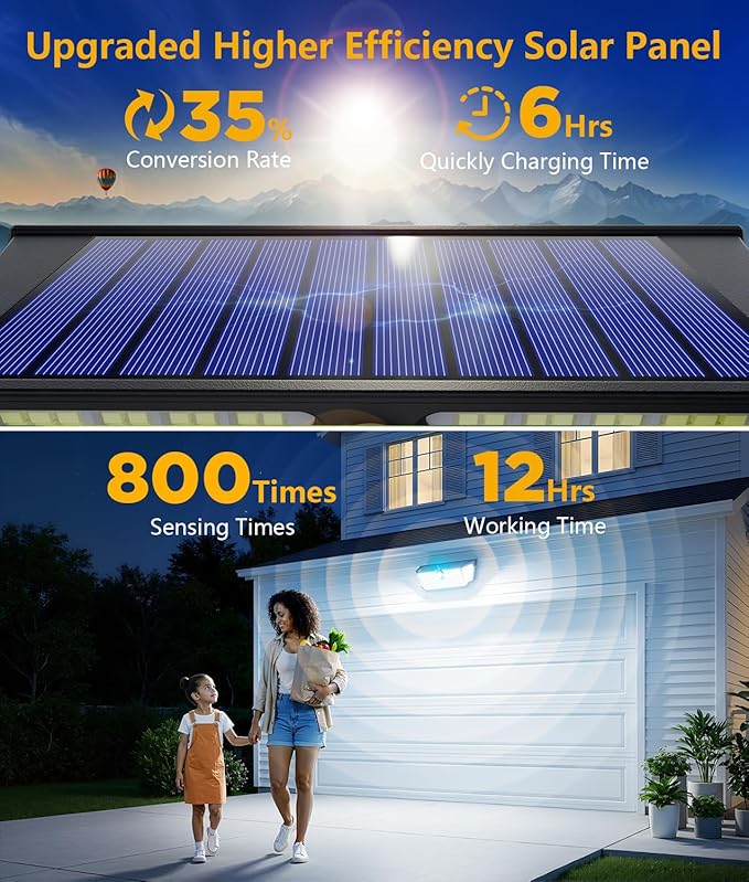 WdtPro Solar Lights Outdoor Waterproof, 300° Angle & 3 Lighting Modes Motion Sensor Outdoor Lights, Solar Security Flood Lights for Outside Fence Wall Yard Front Door Deck Garden Garage 4 Pack