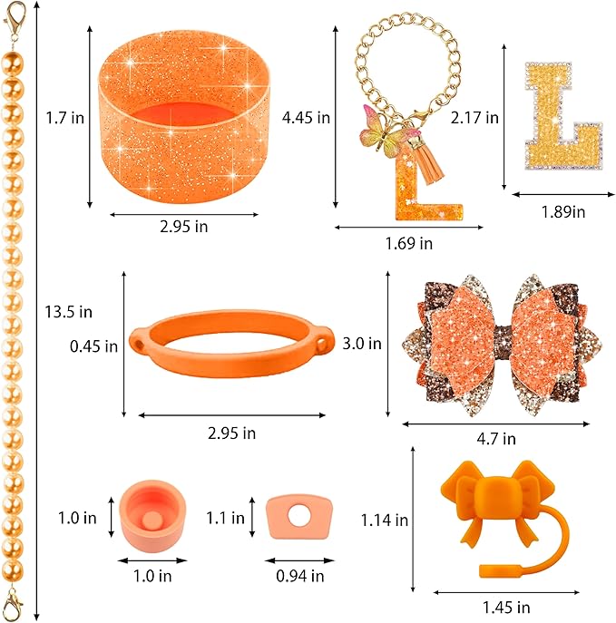 9PCS Orange for Stanley Cup Accessories Set Bling Initials Bow Charms for Stanley Decorations 30/40 Oz Tumbler Accessories Including Bow Straw Topper, Handle Strap, Spill Stopper（Letter L）