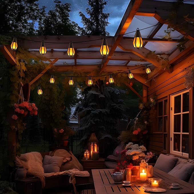 Solar String Lights for Outside, 33Ft Solar Patio Light with 15 Flickering Flame Light Bulbs, Waterproof Warm White Solar Powered Outdoor Lights for Garden Yard Patio Gazebo Bistro Cafe Party Decor