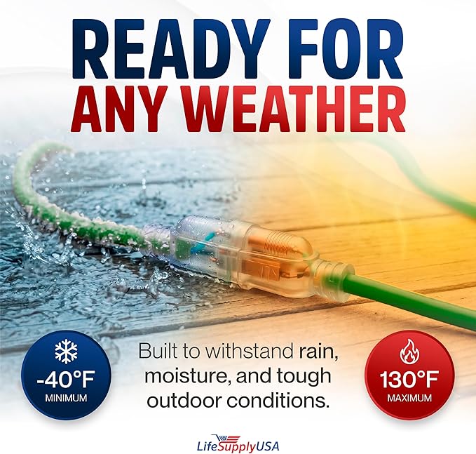 25ft Outdoor/Indoor Extension Cord 10/3 Gauge Ultra Heavy Duty 3 Prong SJTW, Waterproof, Flexible Cold-Resistant Long Power Cord,15A 125V 1875W, Green by LifeSupplyUSA