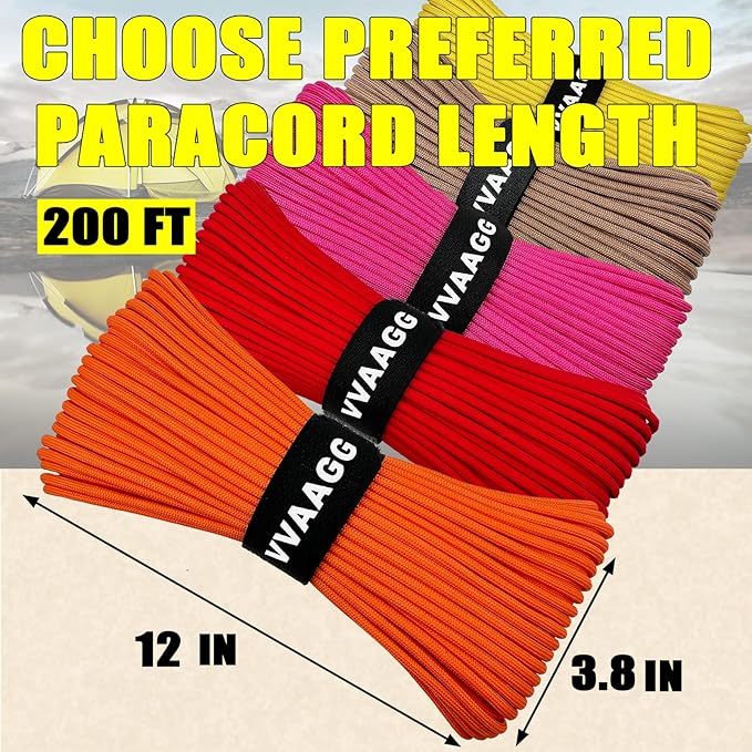 VVAAGG 1000 Orange Paracord 200FT Utility Parachute Cord 4mm Nylon String12 Strand Nylon Camping Rope, Tent Rope, Clothsline Rope for Survival & Camping Gear (Orange, 200FT)