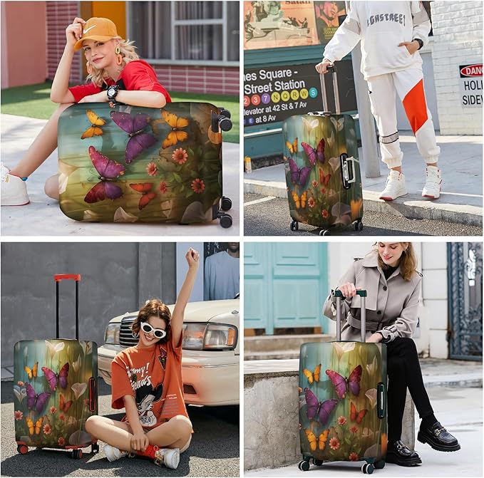 ANNA QUEEN Butterfly Garden Luggage Cover, Colorful Butterfly and Flower Suitcase Protector, Stretchable Washable Travel Sleeve for 32-34 Inch Luggage