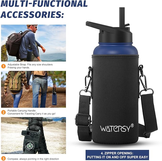 32oz Insulated Water Bottle (Cold for 48 Hrs),BPA Free&Leak Proof,Stainless Steel Water Flask,Water Jug with Straw Spout Lids for Gym,Hiking,Travel,Deep Blue