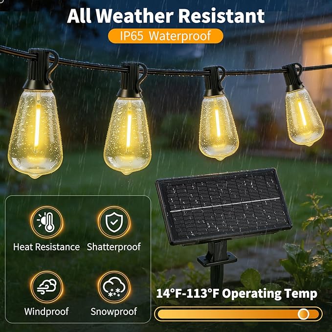 Solar Lights Outdoor Waterproof: ST38 82FT 25M Shatterproof Bulbs Patio Lights - Solar Powered & USB Charging- Remote Control 3 Light Modes Dimmable Solar Light - Camping Backyard Garden