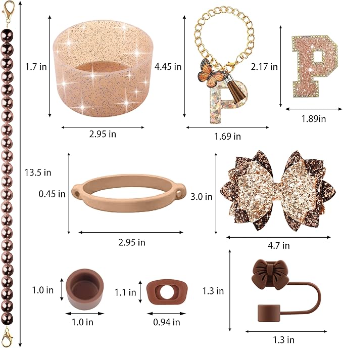 9PCS Brown for Stanley Cup Accessories Set Bling Initials Bow Charms for Stanley Decorations 30/40 Oz Tumbler Accessories Including Bow Straw Topper, Handle Strap, Spill Stopper（Letter P）