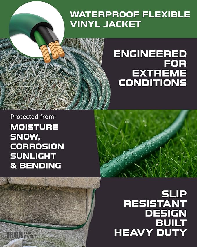 Iron Forge Cable 2 Pack 50ft Green Outdoor Extension Cord with 3 Outlets - 16/3 SJTW 50ft Extension Cord, 13 Amp All-Weather Heavy Duty Power Cable