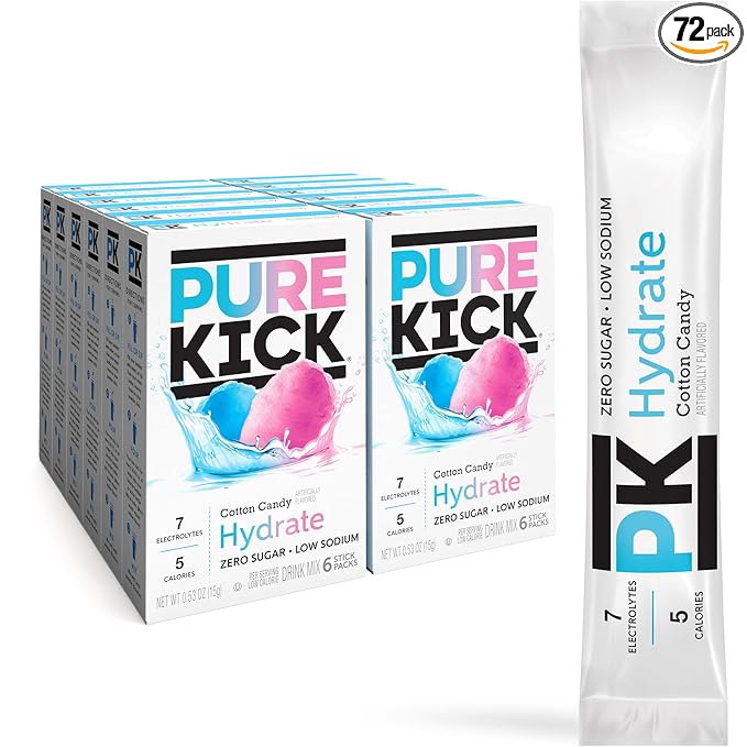 Pure Kick Hydration Singles To Go Drink Mix, Cotton Candy, Includes 12 Boxes with 6 Packets in each Box, 72 Total Packets