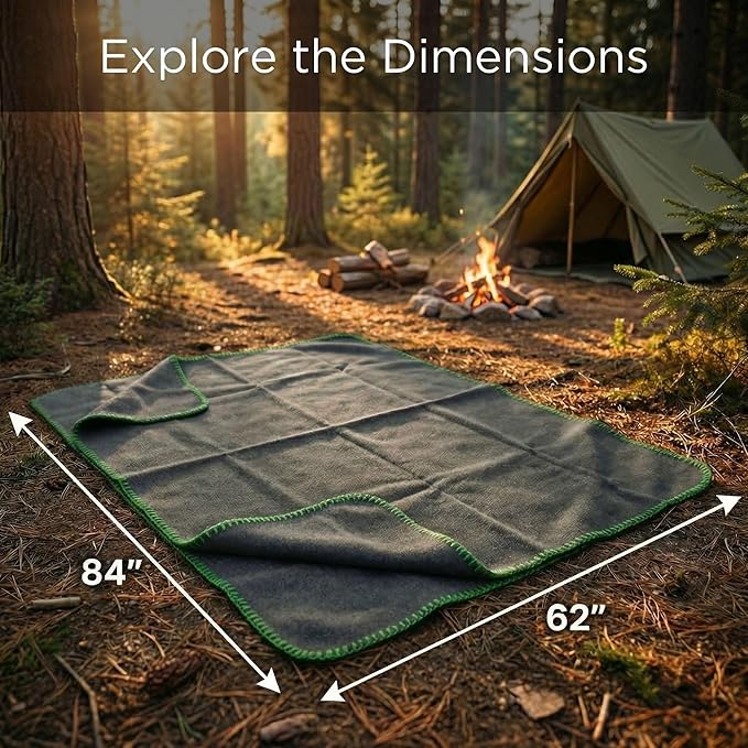 Wool Camping Blanket - 70% Wool Heavy-Duty Military Style Throw, Warm & Washable, Fire Retardant Cover for Emergency, Survival & Outdoor Use - Perfect for Camping, Car, Home & Hiking, Grey 62x84