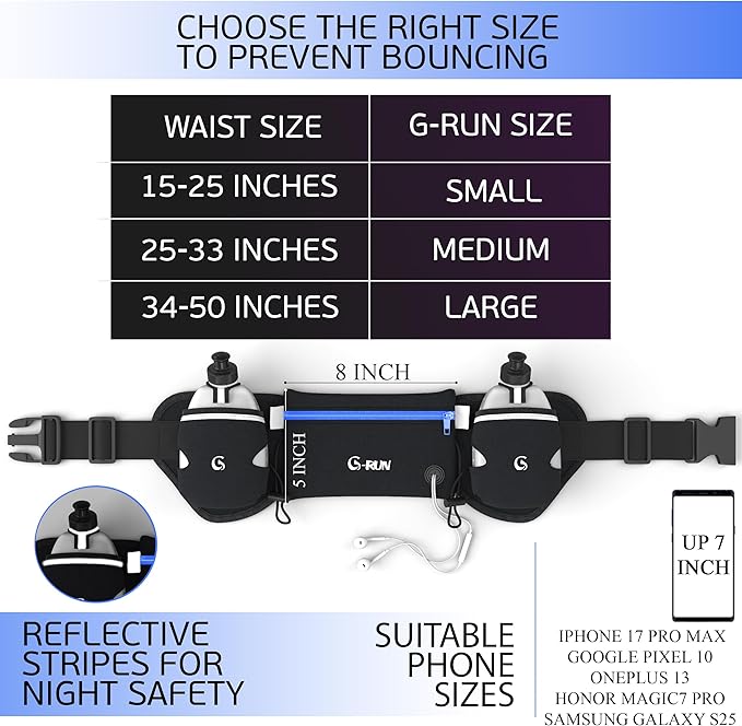 Q-RUN Hydration Running Belt with 2 x 10oz Water Bottles, No Bounce Adjustable Waist Belt for Men & Women, Marathon Running Gear