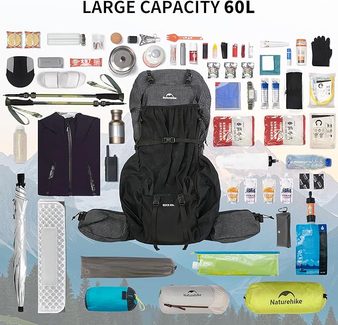 Naturehike 60L Rock 2.0 Upgraded Internal Frame Hiking Backpack for Outdoor Camping Travel Lightweight Backpacking with Rain Cover Ultralight Backpack for Adults(Black/L/60L)