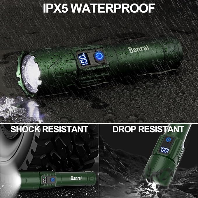 Rechargeable Tactical Flashlights 2000 High Lumens - 5000mAh Super Bright LED Powerful Flash Light, Waterproof Handheld USB C Flashlight for Home,Car,Camping,Emergencies,5 Modes,Zoomable (1, Green)