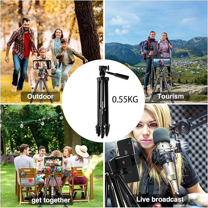55" Aluminum Phone & Camera Tripod, Extendable Cell Phone Tripod Stand Compatible with iPhone/Android/Action Camera is Perfect for Live Streaming/Video Recording/Selfies