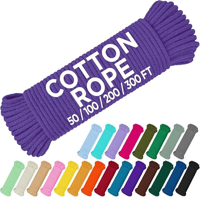 TECEUM Cotton Rope 3/16” (5 mm) – 100 FT – Strong All-Purpose Braided Rope – Natural Cotton – for Crafting, Сamping, Clothes Line, DIY, Indoor & Outdoor Use – Purple