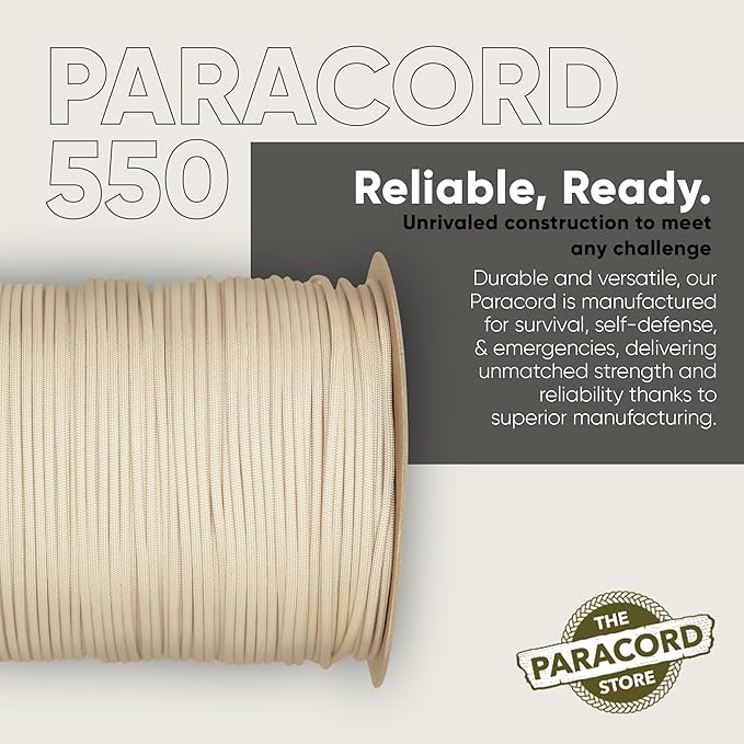 The Paracord Store | Type III 550 Paracord - 250 FT Spool, Cream | Heavy Duty 7 Strand Tactical Paracord - USA Made Nylon Outdoor Parachute Cord for Camping, Fishing & More - Survival Cord