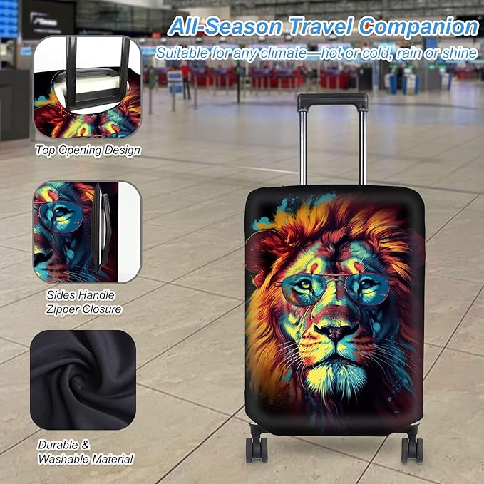 Luggage Cover Protector for 22-24 Inch Suitcases, TSA Approved Elastic Travel Suitcase Covers, Anti-Scratch Washable Luggage Sleeve for Carry On & Checked Bags, Lion With Glasses