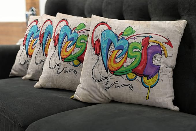 Ambesonne Music Throw Pillow Cushion Case Pack of 4, Illustration of Graffiti Style Lettering Headphones Hip Hop Theme on Beige Bricks, Modern Accent Double-Sided Digital Printing, 18", Tan Green