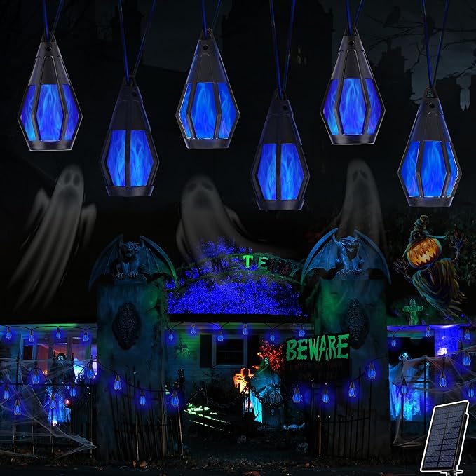 Solar String Lights for Outside, 33Ft Solar Patio Lights with 15 Flickering Flame Light Bulbs, Waterproof Blue Solar Powered Outdoor Light for Garden Yard Patio Gazebo Bistro Cafe Porch Party Decor