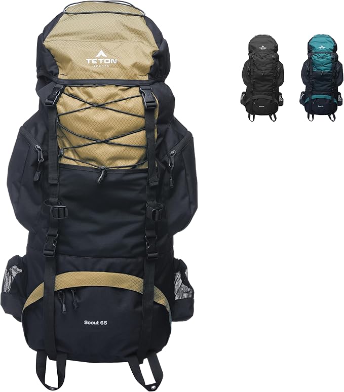 Teton 65L Scout Internal Frame Backpack for Hiking, Camping, Backpacking, Travel, Rain Cover Included, Buck Brown