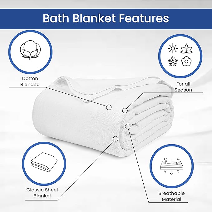 Linteum Textile Cotton Blended Hospital Patient Bath Blanket, Bed Bath Sheet, Twin Blanket Lightweight Sheet Blankets 70x90 in, 1.75 lb. White [12 Pack]