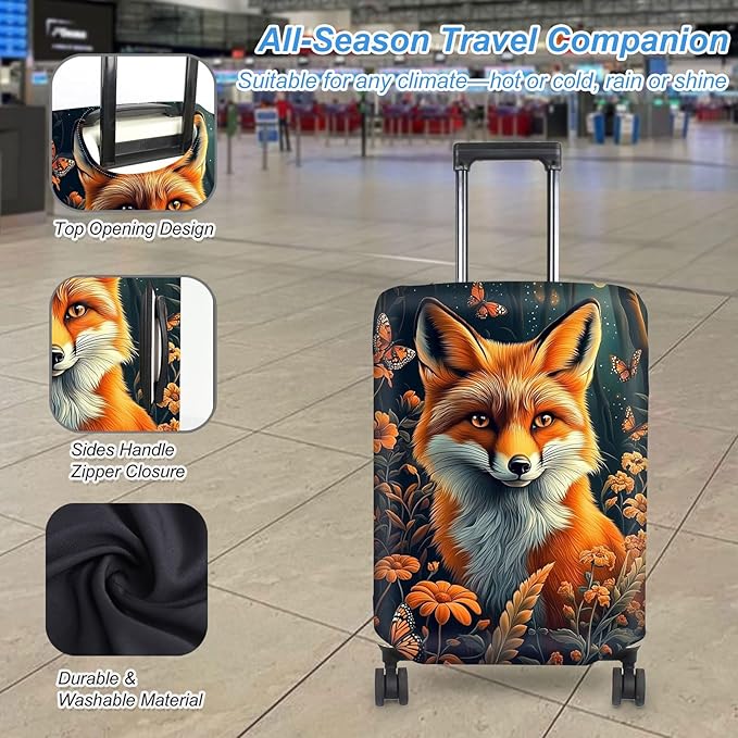Luggage Cover Protector for 19-20 Inch Suitcases, TSA Approved Elastic Travel Suitcase Covers, Anti-Scratch Washable Luggage Sleeve for Carry On & Checked Bags, Fox Flowers