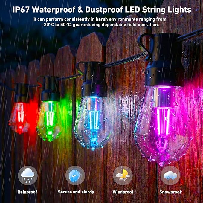 Outdoor String Lights,400FT Smart RGB+IC Patio Lights with Shatterproof LED Bulbs ,Outside Light Dimmable Patio for Decor DIY IP67 Waterproof ,Courtyard, garden,Holiday,LED lights more Scene Modes