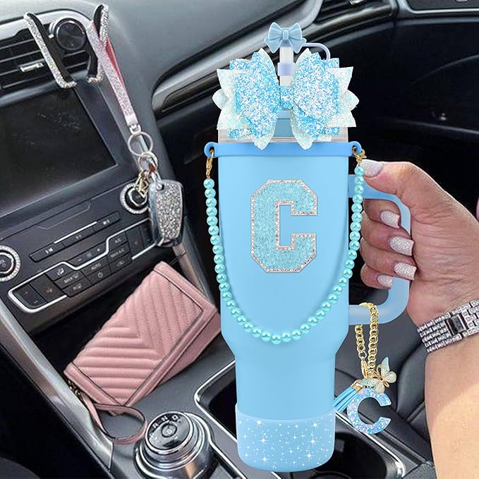 9PCS Blue for Stanley Cup Accessories Set Bling Initials Bow Charms for Stanley Decorations 30/40 Oz Tumbler Accessories Including Bow Straw Topper, Handle Strap, Spill Stopper（Letter C）