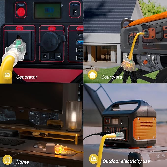 PlugSaf 50 FT 12/3 Gauge Outdoor Extension Cord with Multiple Outlets Light Indicator, Flexible 3 Outlet Weatherproof Heavy Duty Extension Cord Waterproof Yellow, 15A 1875W 12AWG SJTW, ETL Listed