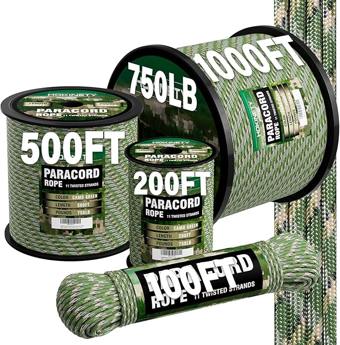 750lb Paracord Rope - 4mm 11 Strand Parachute para Cord Spool Rope Utility Nylon Survival Cord for Outdoor Camping Tent Crafting Bracelets DIY Projects - Camo Green 100ft