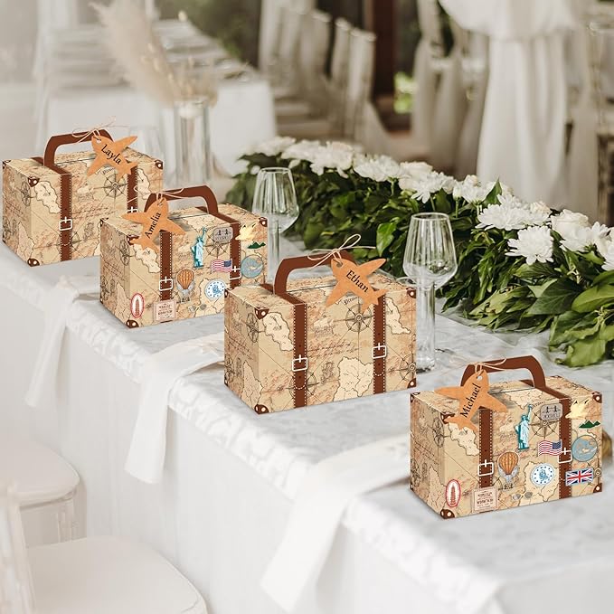 12Pcs Large Suitcase Party Favor Boxes Travel The Map Paper Treat Box with Tags Birthday Supplies Travel Theme Candy Goodie Gift Boxes for Birthday Baby Shower Wedding Vintage Party Table Decoration