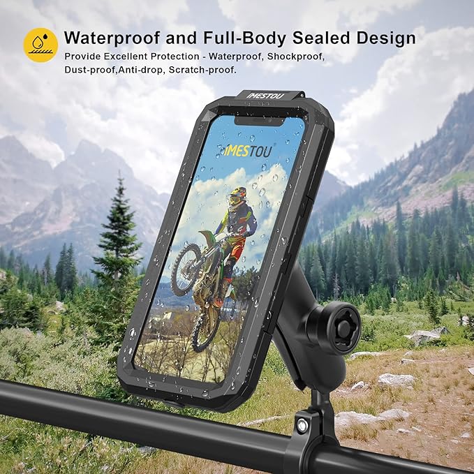 iMESTOU Anti-Theft Waterproof Motorcycle Phone Holder Bike Phone Mount 1" Ball Handlebar Stem Mobile Holder with Double Socket Arms 720° Rotation Aluminium Base for 5.5"-6.8" Cellphones (L)