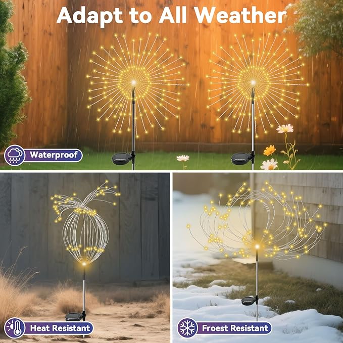 Garden Outdoor Lights, 4 Pack 120 LED Solar Garden Lights Fairy Lights Outdoor Waterproof Decorative Solar Firework Lights for Yard Patio Pathway Flowerbed Party Wedding Decor, Warm White
