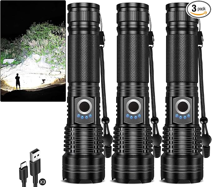 Rechargeable Flashlights 3 Pack - 990,000 Lumens Super Bright LED Powerful Flashlight, 5 Light Modes, Fast Charging, IPX7 Waterproof for Camping Home (L-3P)