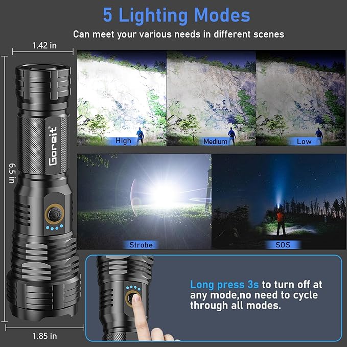 Flashlights LED High Lumens Rechargeable, Goreit 20,000 Lumens XHP70.2 Super Bright Flashlight, Flash Light Battery Powered, Powerful Handheld Flashlight with holster for Emergency Camping Hiking Gift