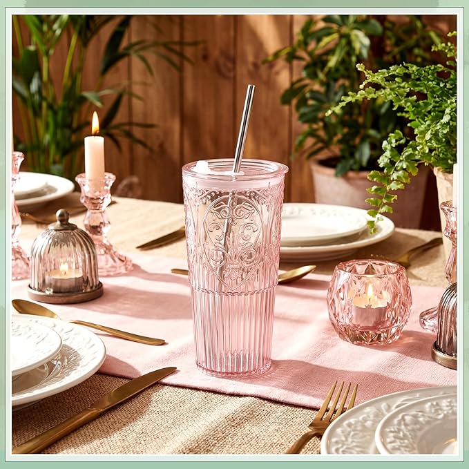 8 Set 20oz Vintage Plastic Tumbler with Lids and Straws Ribbed Floral Drinking Glasses Reusable Iced Coffee Cups for Water Juice Smoothie Cocktail Travel Party Events Gift (Pink)