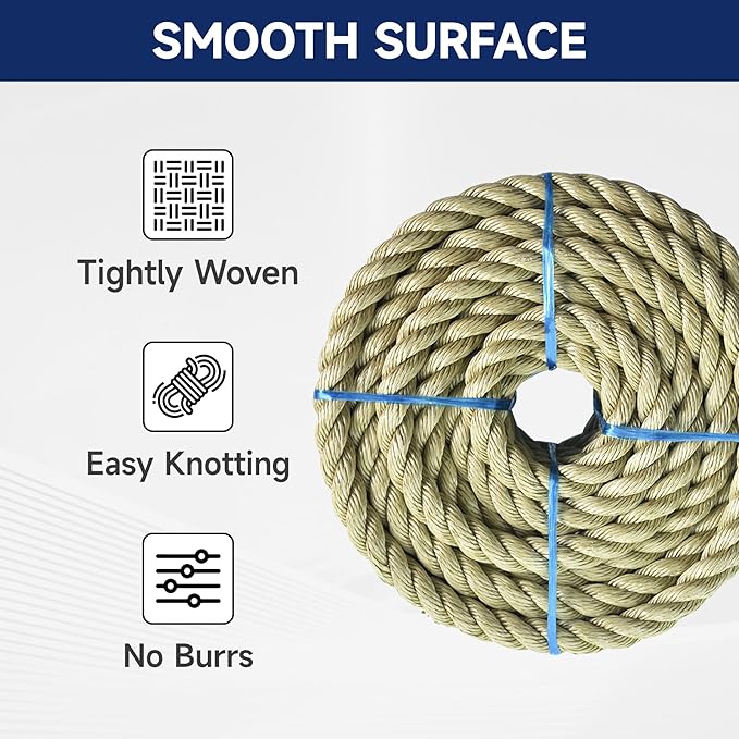 1 inch x 50 feet Twisted ProManila Rope Cordage, UnManila 3 Strand Synthetic Polypropylene Rope for Landscaping, Tug of War, Marine, DIY Projects and Dock Railing