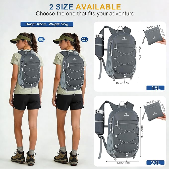 BECOJADDE Hiking Backpack 15L Small Backpack Packable Day pack Water Resistant Lightweight Travel Backpack for Women Men with Shoulder Strap Pockets for Hiking Camping Outdoor, Grey