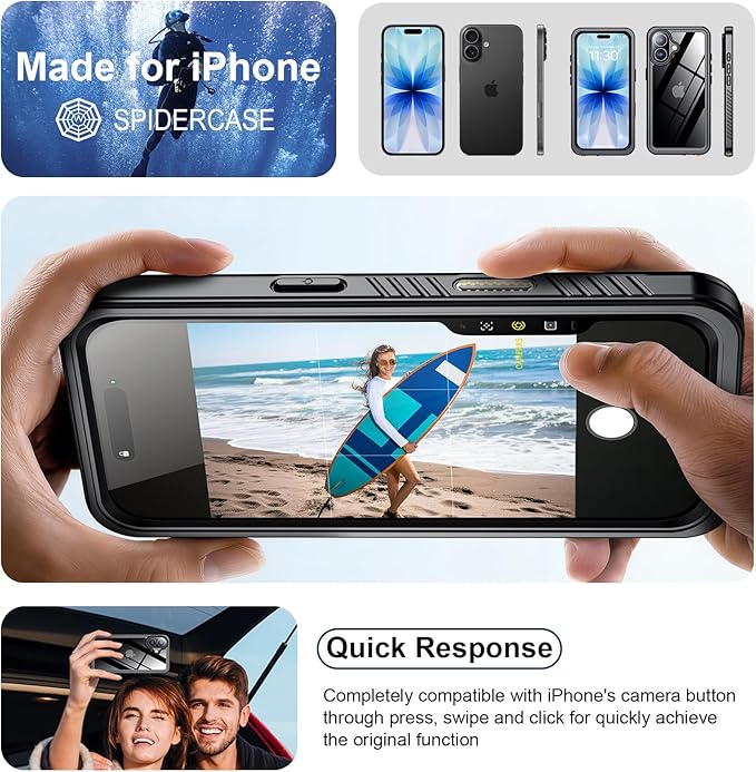 SPIDERCASE for iPhone 17 Case Waterproof, Built-in Lens & Screen Protector, Full Heavy Duty Protection, 12FT Military Shockproof, Dustproof, Anti-Scratched Phone Case,Black/Clear