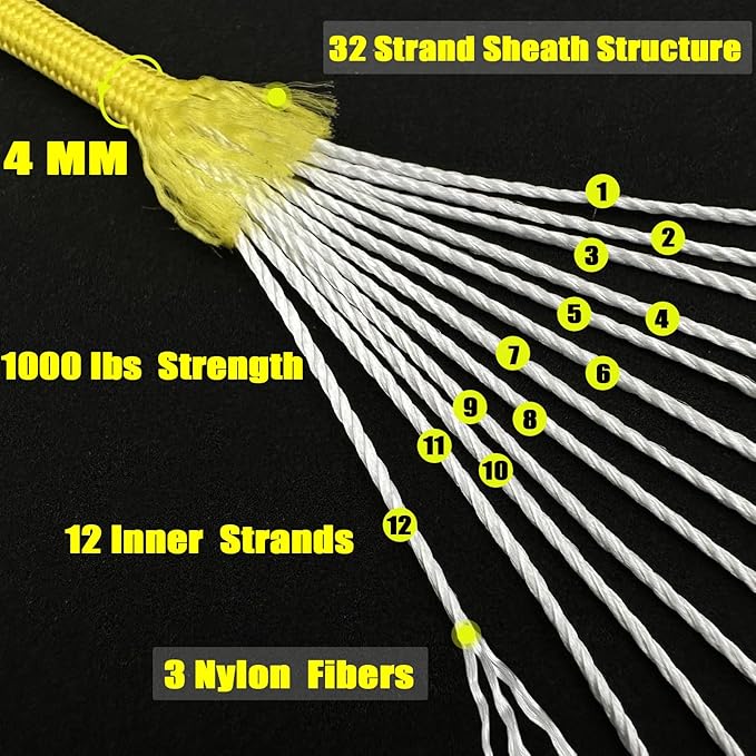 VVAAGG 1000 Paracord Rope 200FT, 4mm Utility Parachute Cord 12 Strand Nylon Rope for Camping, Tent, Clothsline, Outdoor Hiking, Fishing (Yellow, 200FT)