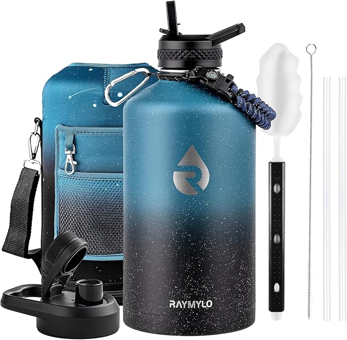 RAYMYLO 128oz Insulated Water Bottle, Triple Wall Vacuum Stainless Steel Water Bottles - Keeps Cold 48H, Reusable One Gallon Jug for Gym, Sports, Camping, Hiking,Travel, Starry Sky-Indigo/Black