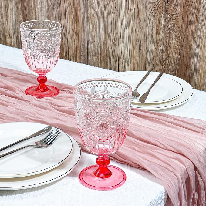 XUWAIDSGN 12Pcs Plastic Vintage Wine Glasses 13.5oz Reusable Embossed Goblet Glasses Pink Gradient Retro Wine Glassware Unbreakable Stemmed Champagne Water Cups for Wine Cocktail Juice Wedding
