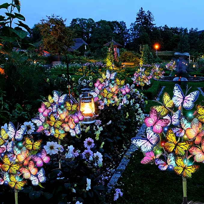 Adecorty Solar Garden Lights Outdoor Waterproof Decorative Solar Lights Outdoor 2 Pack with 44 LED 34 Butterfly Flower Garden Decor Yard Patio Lawn, Gifts for Mother's Day Mom Women