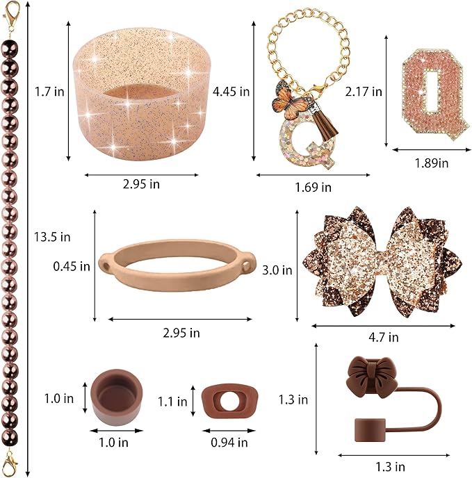 9PCS Brown for Stanley Cup Accessories Set Bling Initials Bow Charms for Stanley Decorations 30/40 Oz Tumbler Accessories Including Bow Straw Topper, Handle Strap, Spill Stopper（Letter Q）