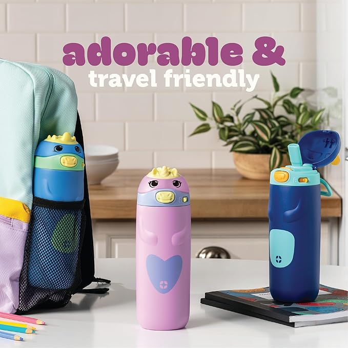 Ello Ellies 12oz Vacuum Insulated Stainless Steel Kids Water Bottle with Straw and Built-in Carrying Handle and Leak-Proof Locking Lid for School Backpack, Lunchbox and Outdoor Sports, Dino