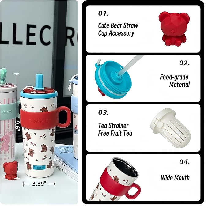 21oz Cute Bear Car Cup with Straw & Cap, Leak-Proof Portable Mug with Tea Strainer, Insulated for Hot/Cold - Ideal for Car, Office, Outdoor (Red)