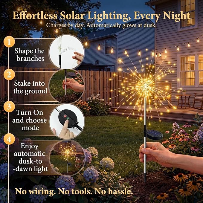 Solar Firework Lights, 6 Pack 120 LEDs 8 Lighting Modes Twinkle Solar Garden Lights Outdoor Waterproof for Yard Patio Walkway Pathway Party Wedding Balcony Decorative - Girts for Women Mom