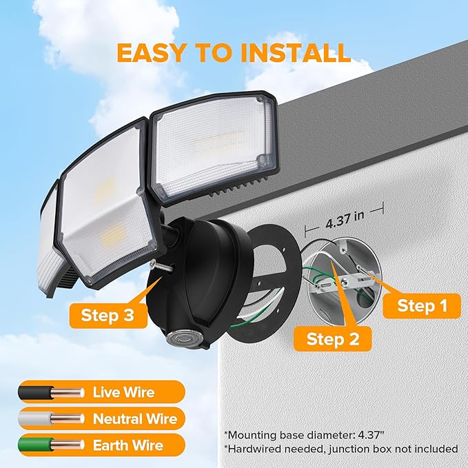 LUTEC 80W Dusk to Dawn Flood Lights Outdoor, 9000LM Super Bright LED Security Light with Photocell, IP65 Waterproof, 5000K Daylight, Hardwired 4 Heads Floodlight for Garage, Yard (Black)