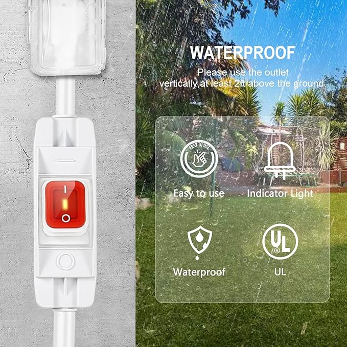 Extension Cord with Switch On/Off Waterproof Switch 25Ft No Plugging and Unplugging Invintage Stereo Devices Without Built-in Power Switch(25 FT, White)